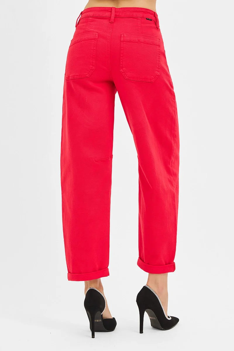 Risen Jean High-Rise Cuffed Barrel Pants – Scarlet Red