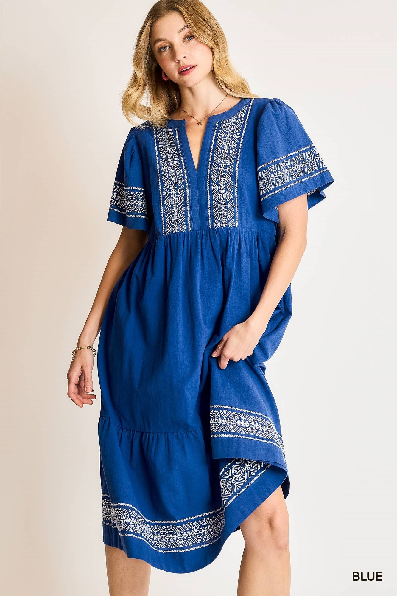 Umgee Blue Intricate Contrast Embroidered Midi Dress
