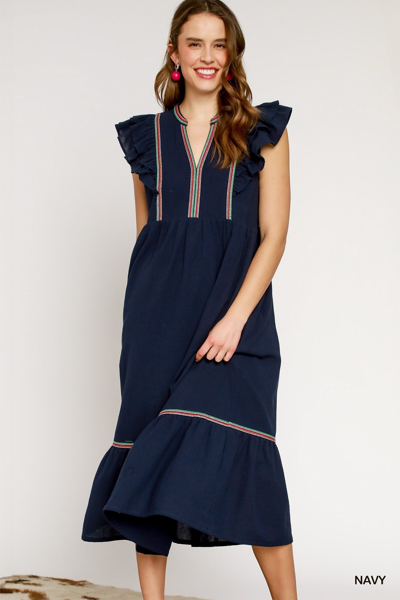 Umgee Navy Embroidered Midi Dress with Ruffle Sleeves