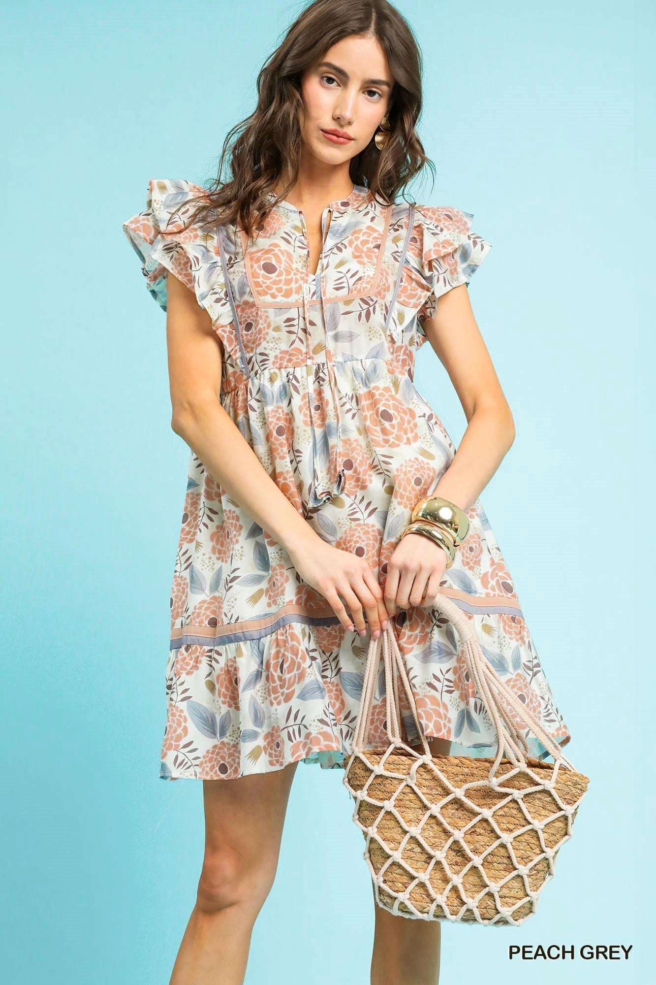 Umgee Peach Floral Ruffle Sleeve Tiered Mini Dress