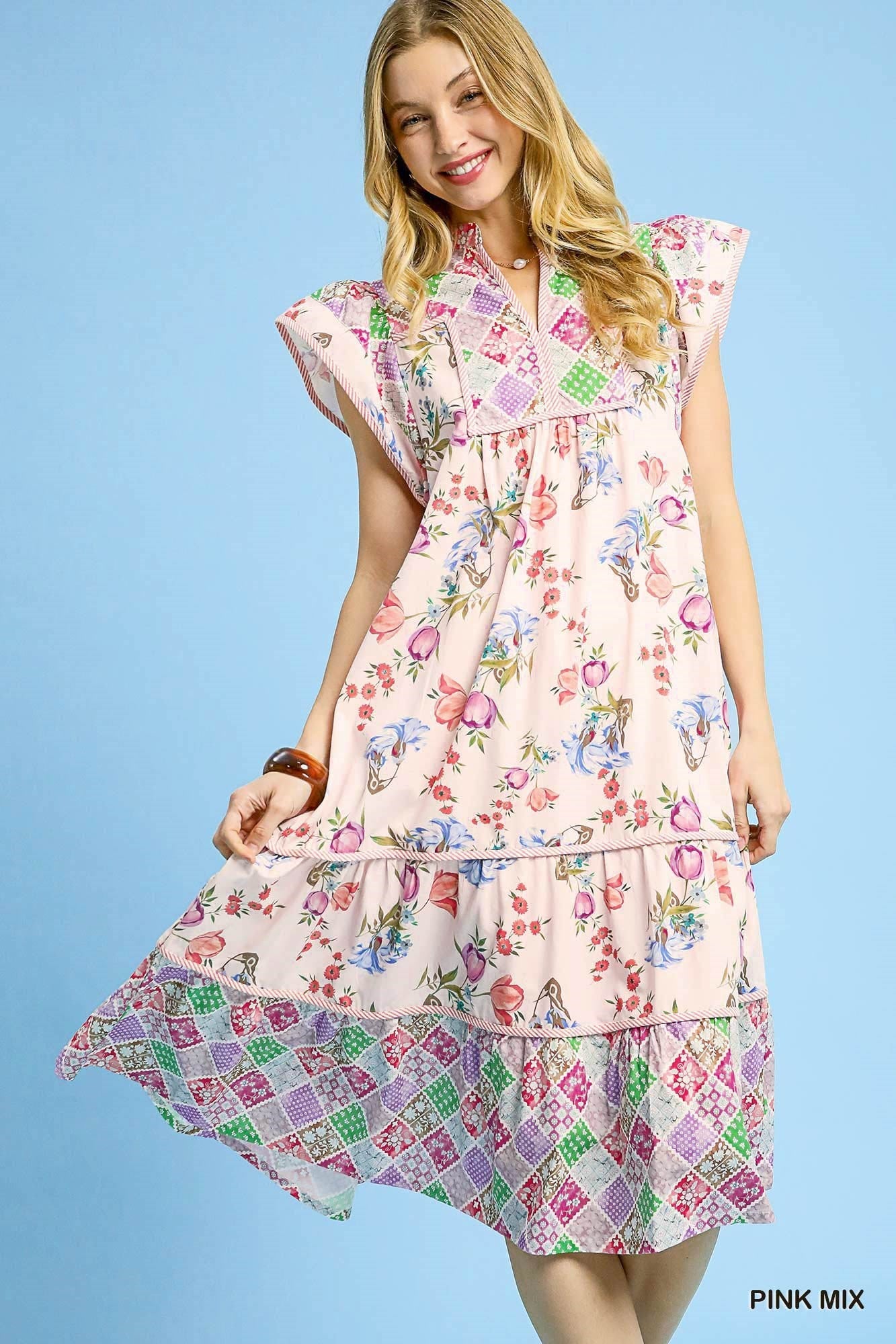 Umgee Pink Mix Patchwork Garden Midi Dress