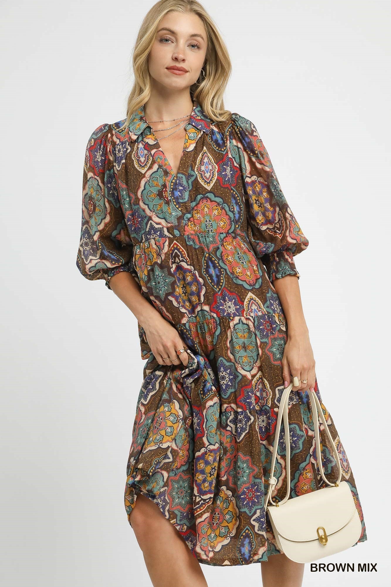 Umgee Boho Print Tiered Midi Dress – Brown Mix