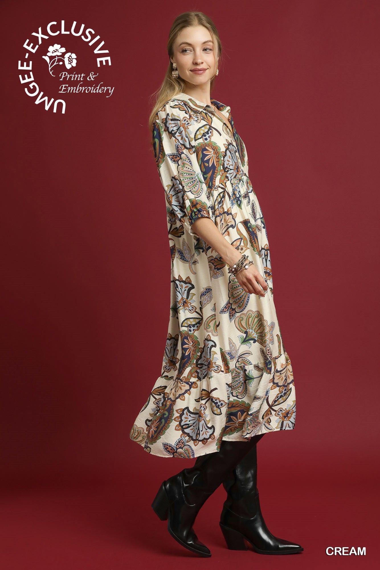 Umgee Boho Paisley Tiered Midi Dress
