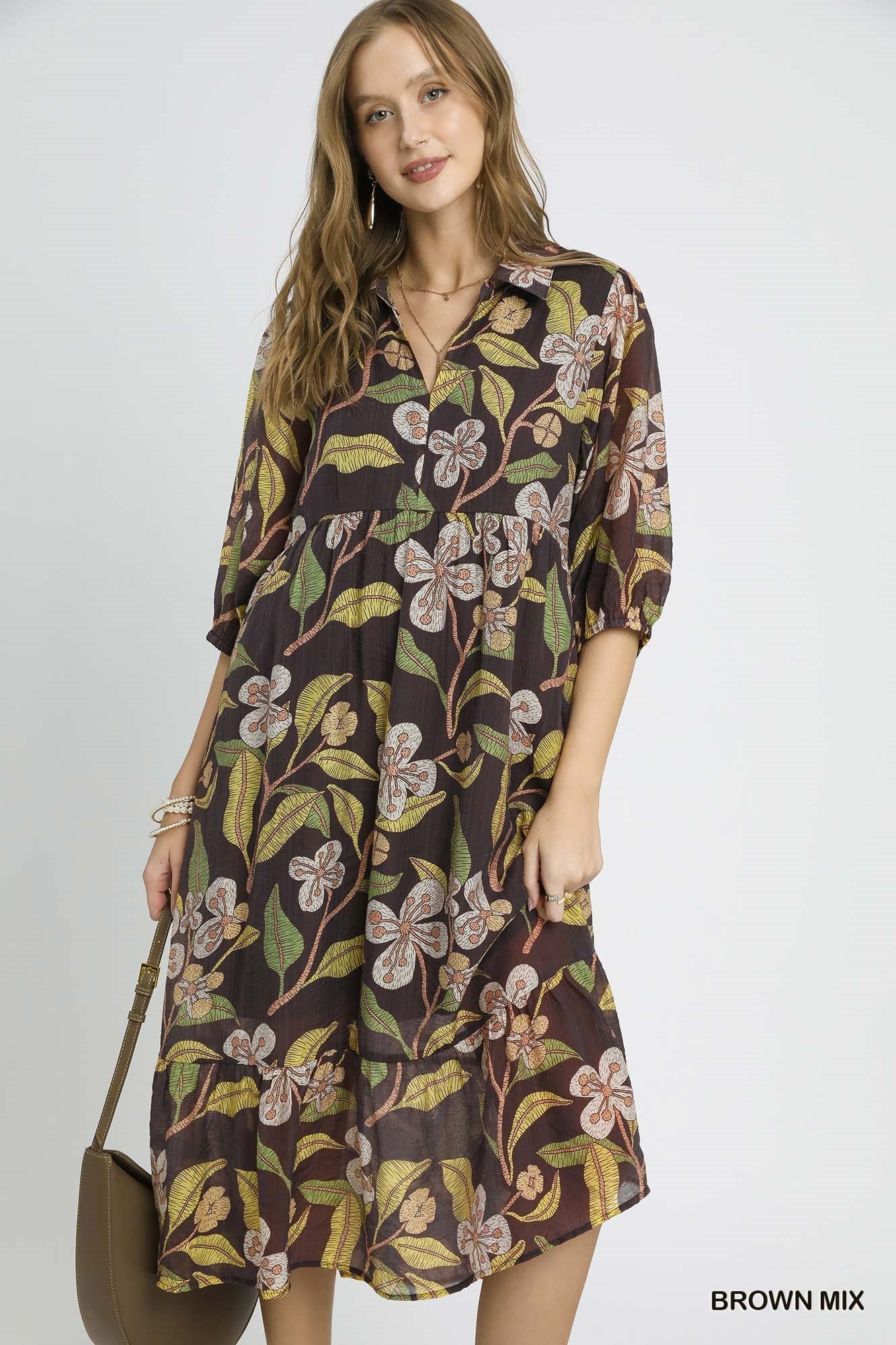Umgee Mix Floral Tiered Midi Dress