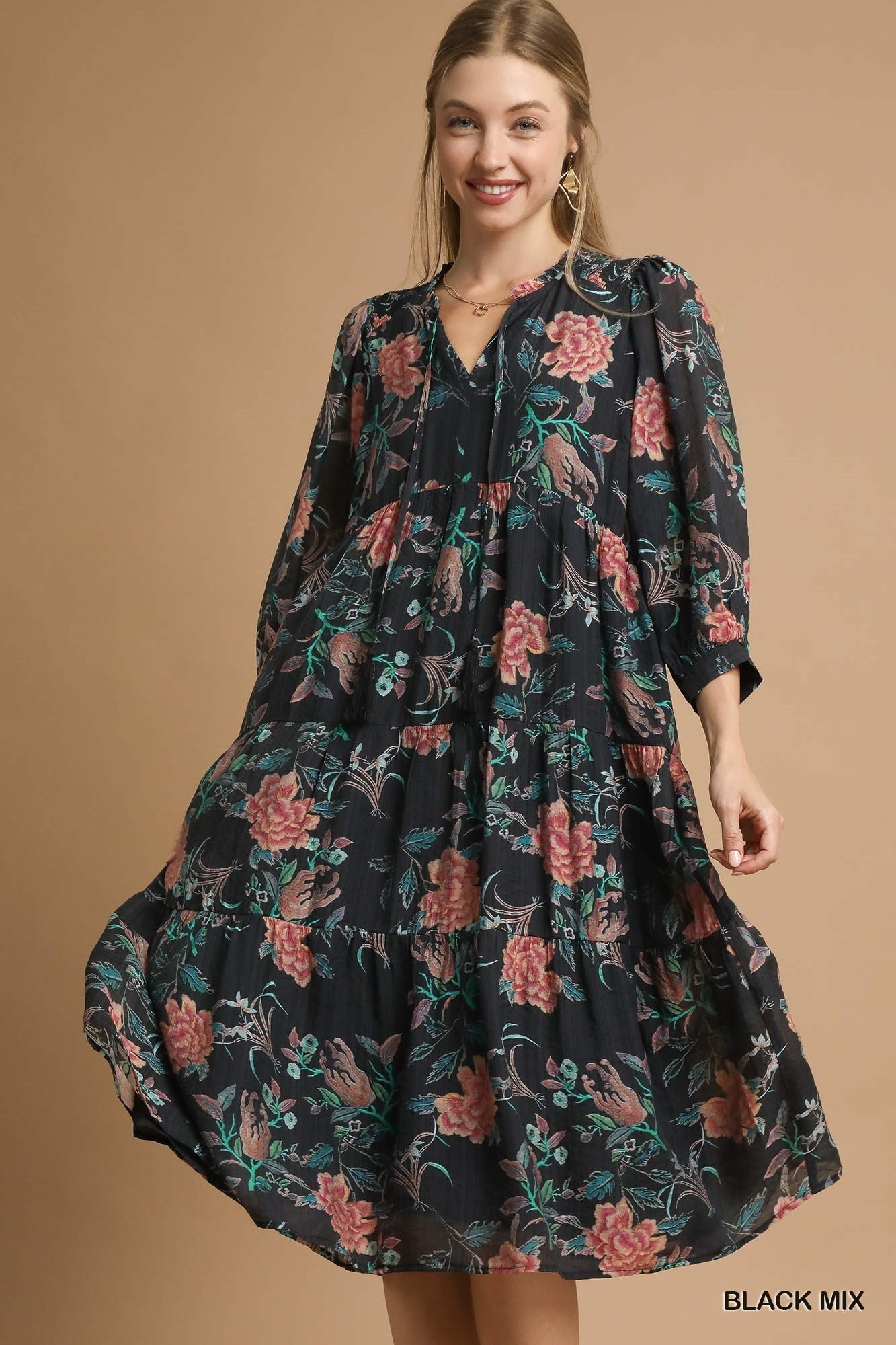 Umgee Tiered Floral Boho Midi Dress