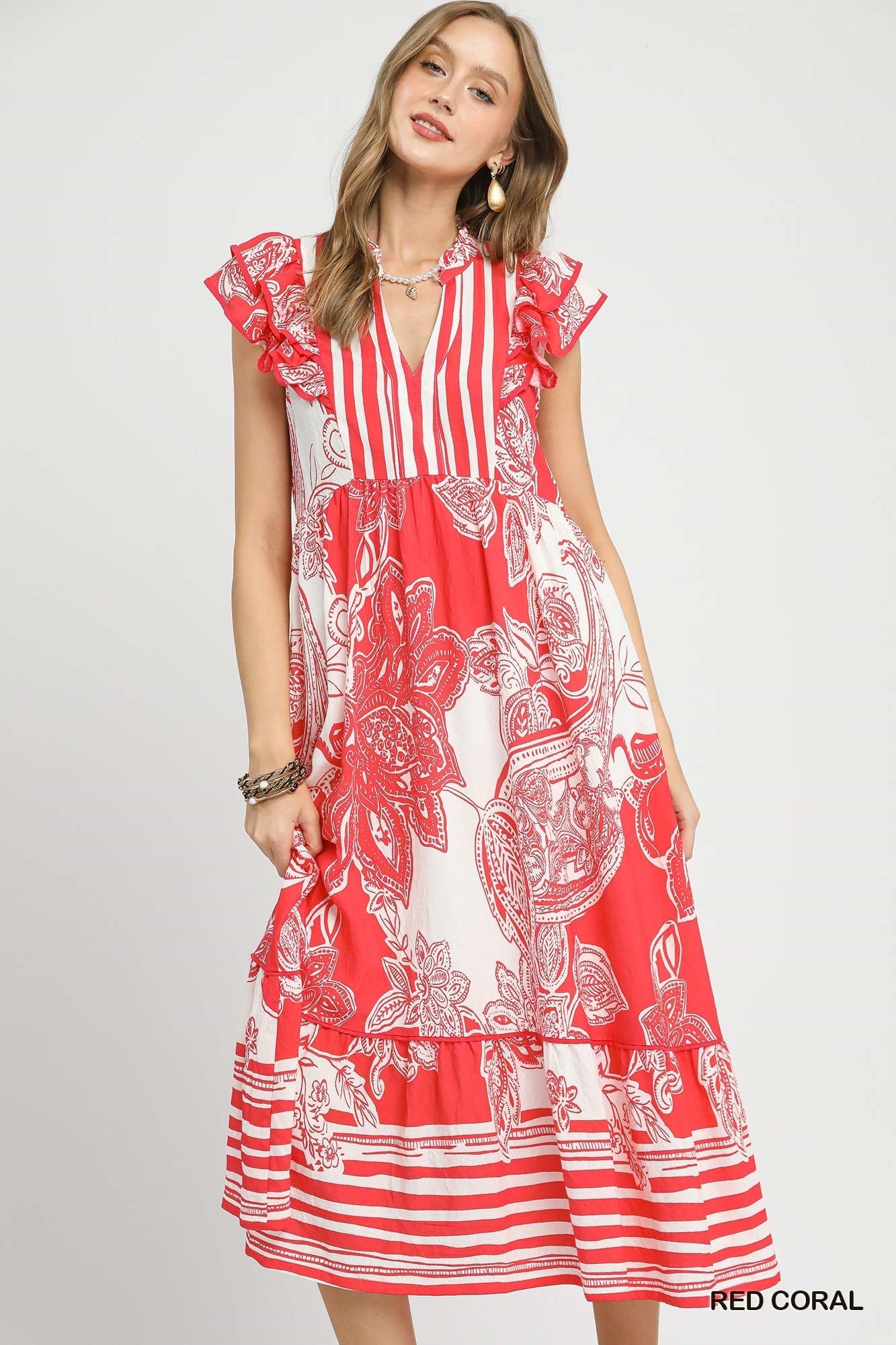 PLUS Umgee Two Tone Abstract Boarder Print Midi Dress