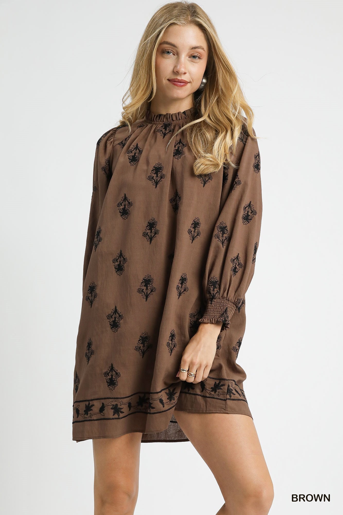 Umgee Embroidered Long Sleeve Mini Dress with Ruffle Trim
