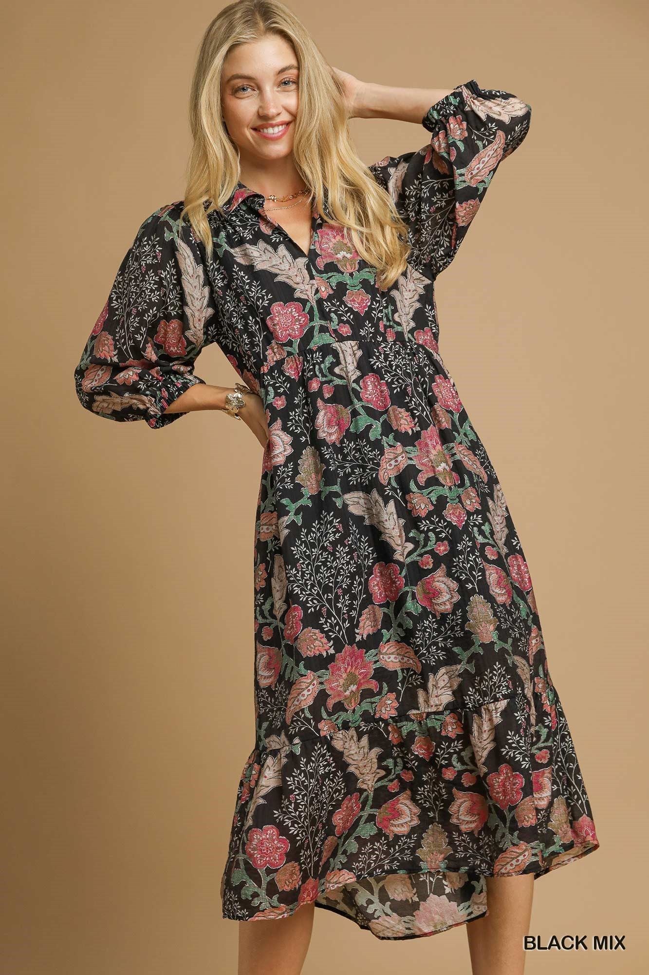 Umgee Boho Print Tiered Midi Dress - Black Mix