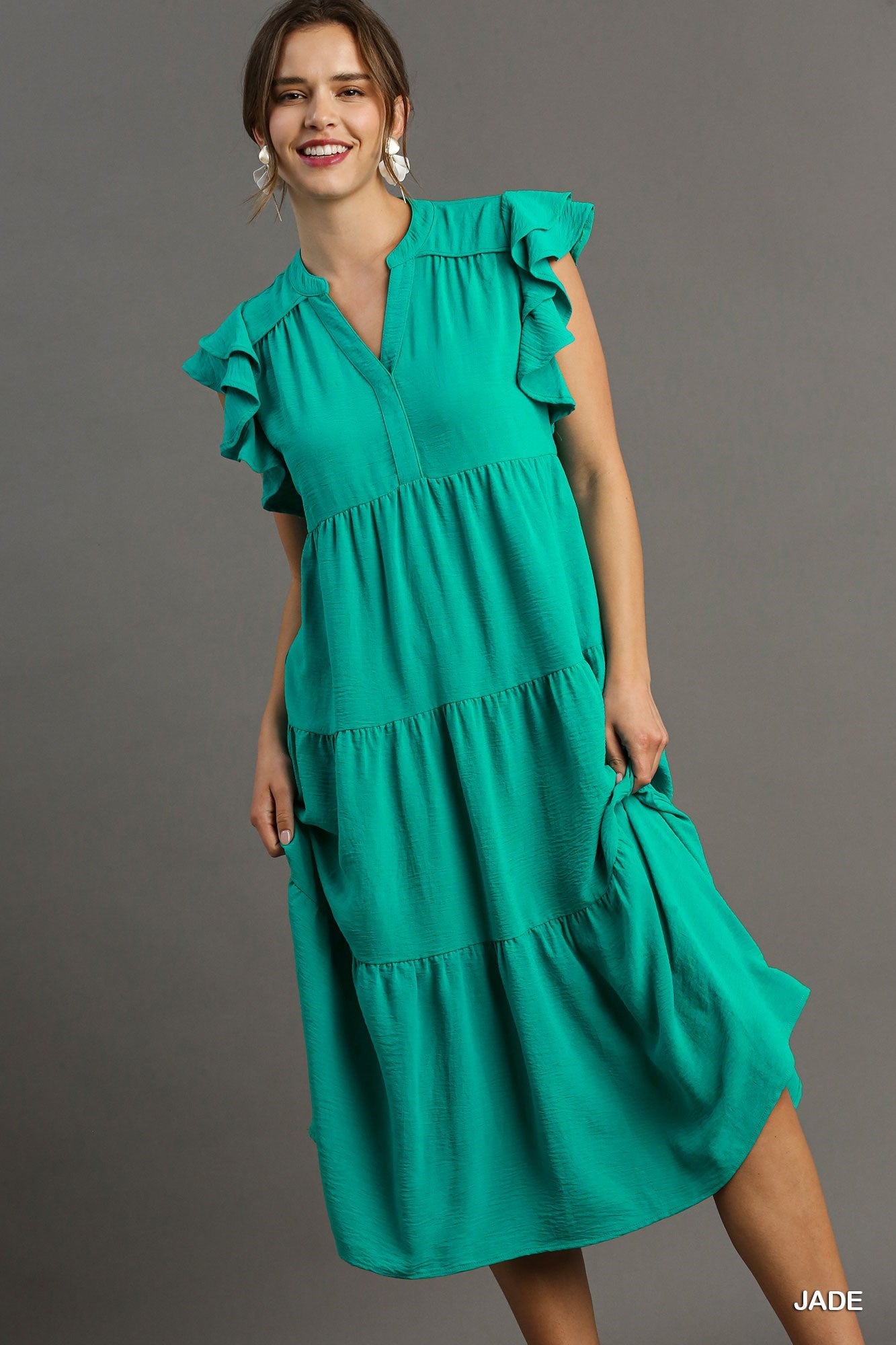 Umgee Jade Split Neck A-Line Midi Dress