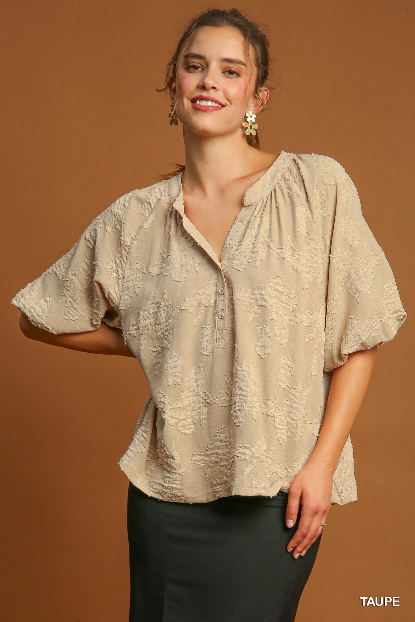 Umgee Textured Floral Burnout Puff Sleeve Blouse