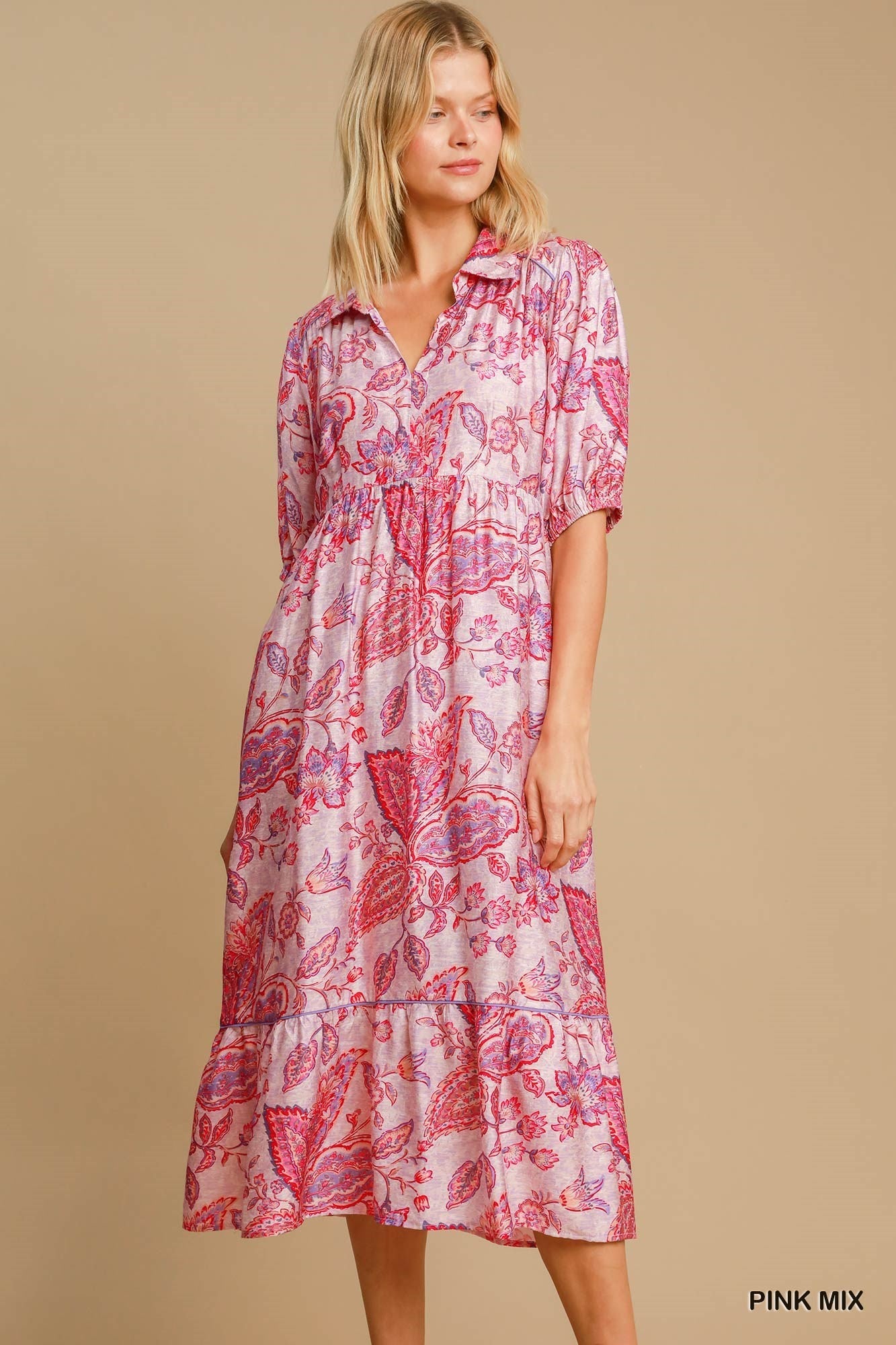 Umgee Pink Paisley Print Midi Dress