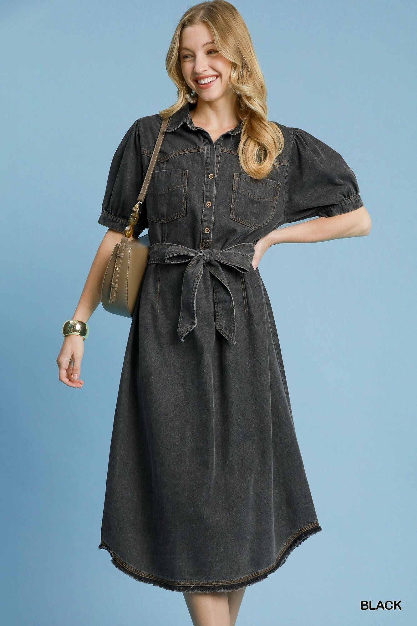 Umgee Black Denim Button Down Midi Dress Umgee