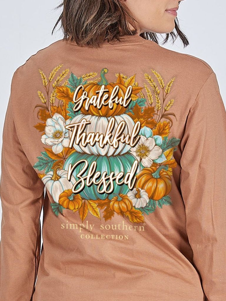 Simply Southern Grateful Thankful Blessed Pumpkin Tee – Chestnut