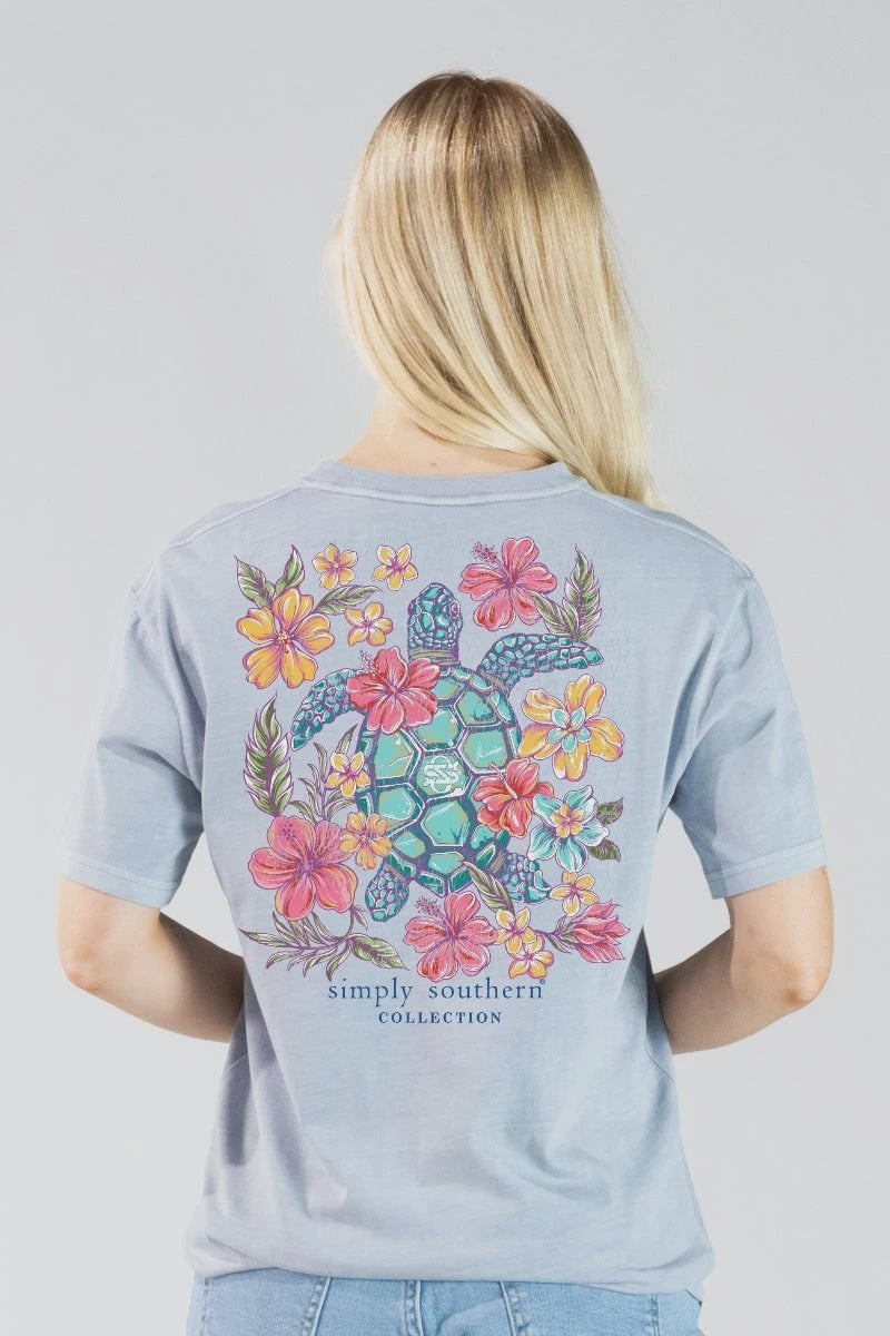 Simply Southern Sea Turtle Floral Graphic Tee – Mineral Washed Ash Blue