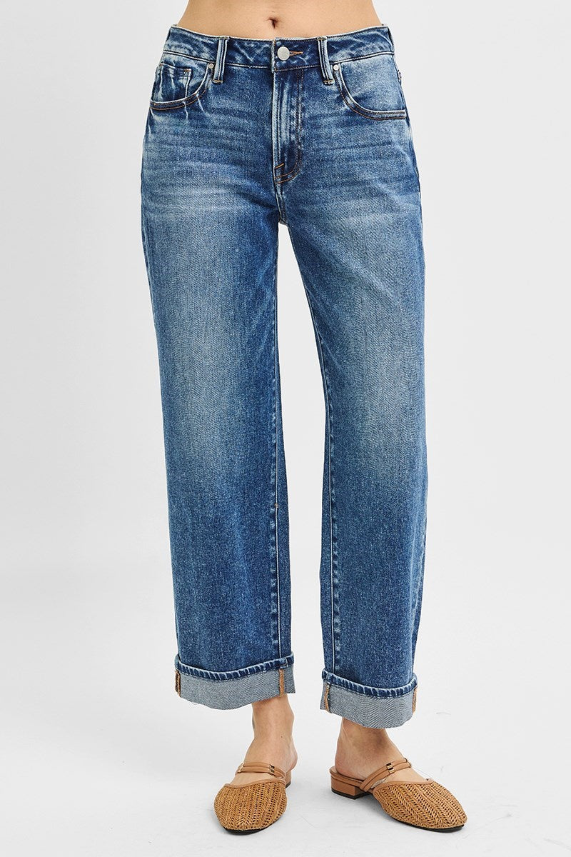 Risen MR Dark Wash Ankle Boyfriend Jeans – Cuffed Stretch Denim
