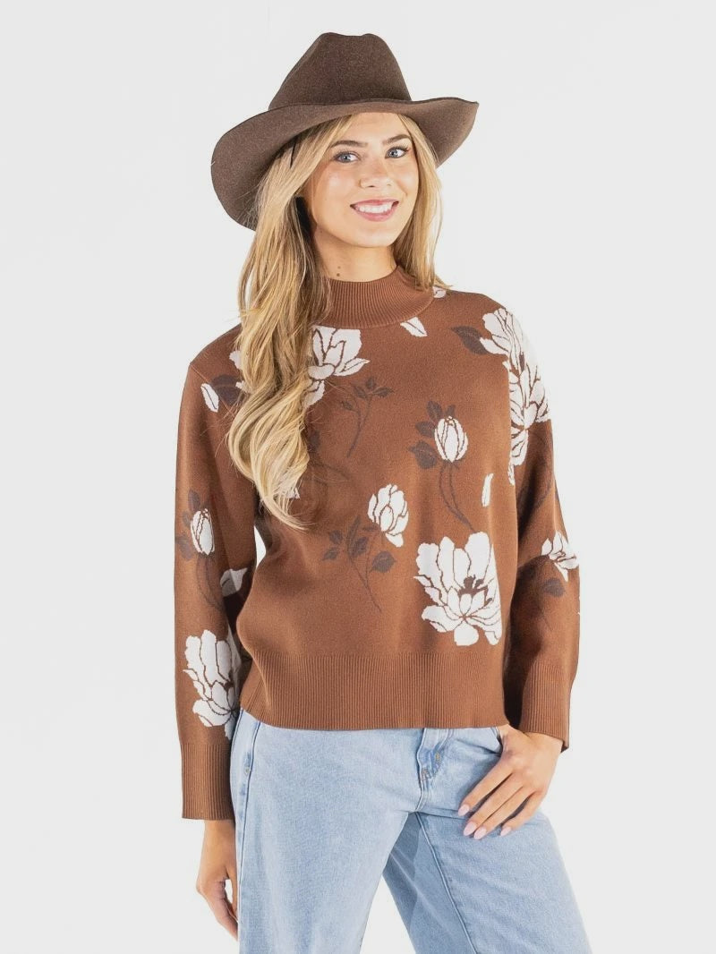 The Free Floral Mockneck Sweater - Brown