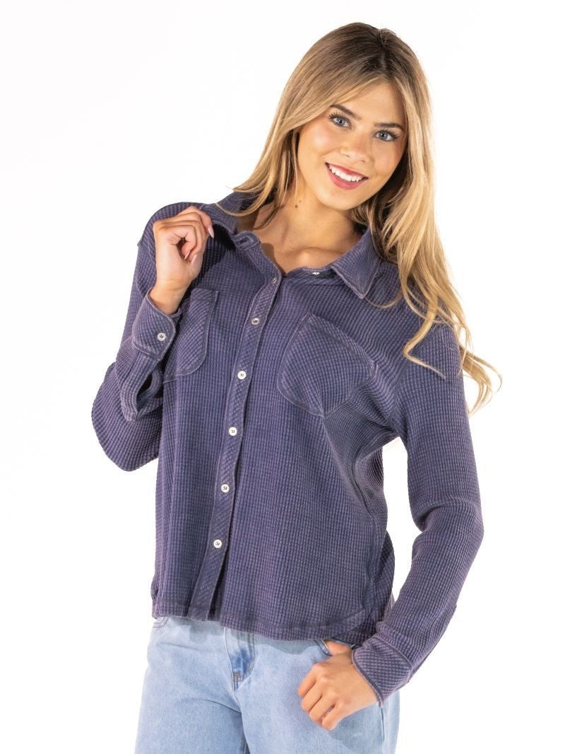 SS Button Front Waffle Shirt Navy Dusk