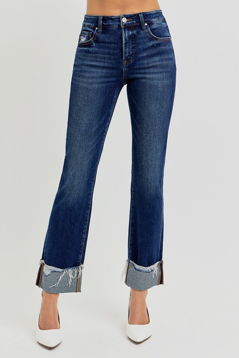 Risen Dark Wash Tummy Control HR Crop Straight Cuffed Jeans