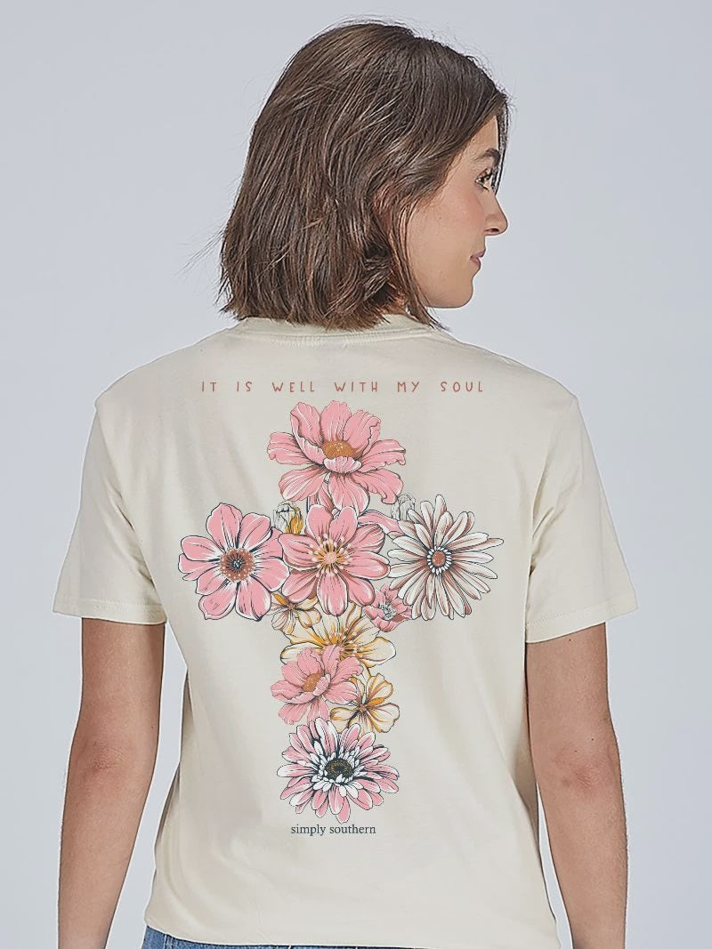 Simply Southern “It Is Well With My Soul” Floral Cross Tee – Linen Off White
