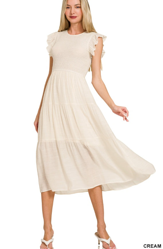 Zenana Woven Smocked Ruffle Sleeve Midi Dress Cream / L