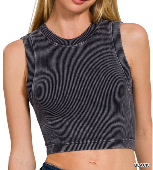 Stone-Washed High Neck Ribbed Bralette Crop