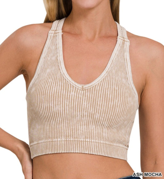 “Cozy Curve” Stone Washed Seamless Racerback Tank Top with Removable Bra Pad