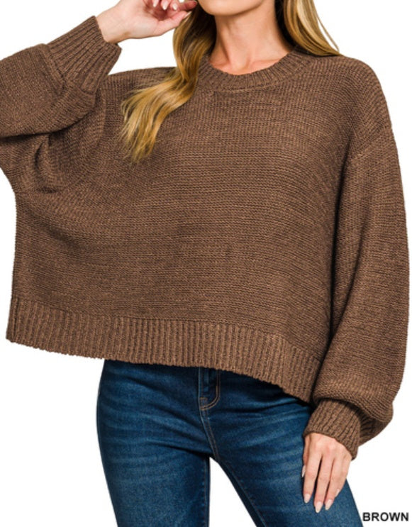 “Autumn Glow” Brown Oversized Balloon Sleeve Sweater