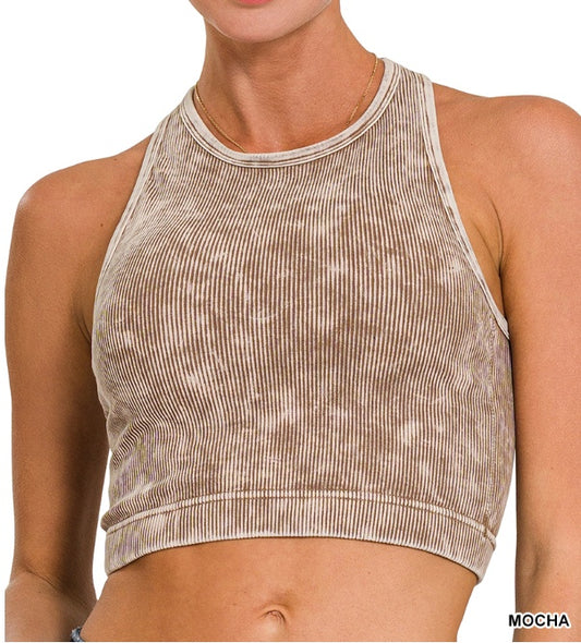 Washed Ribbed High-Neck Racerback Bralette Tank