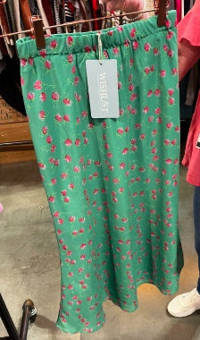 Green & Pink Mix Floral Midi Skirt