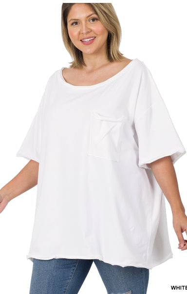 Plus Oversized Front Pocket Raw Edge Boyfriend Tee ZENANA