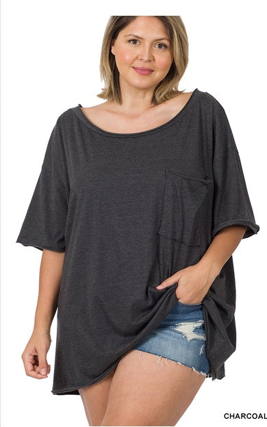 Plus Oversized Front Pocket Raw Edge Boyfriend Tee ZENANA