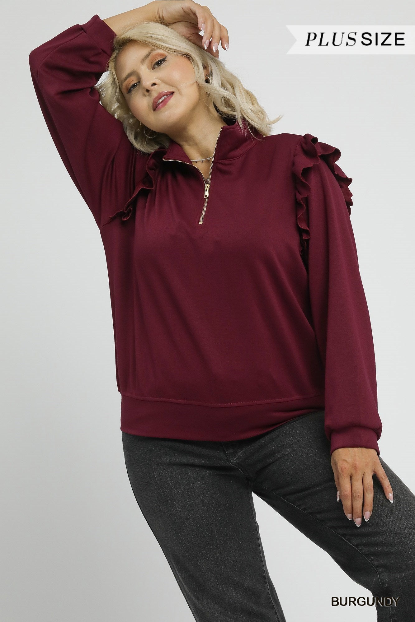 PLUS Umgee Luxeknit Ruffle Shoulder Quarter-Zip Pullover