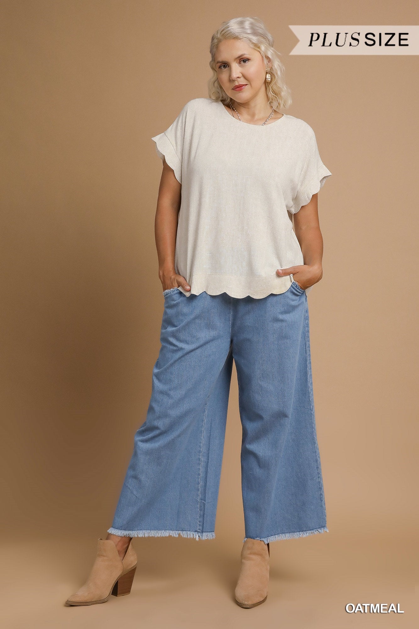 PLUS Umgee Scallop Hem Linen Blend Top