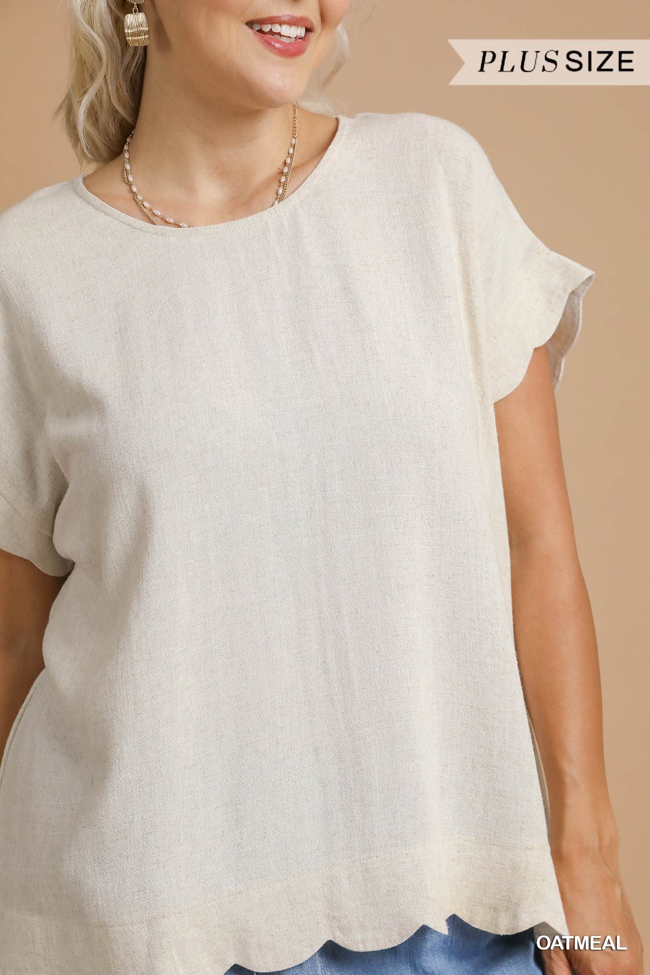 PLUS Umgee Scallop Hem Linen Blend Top
