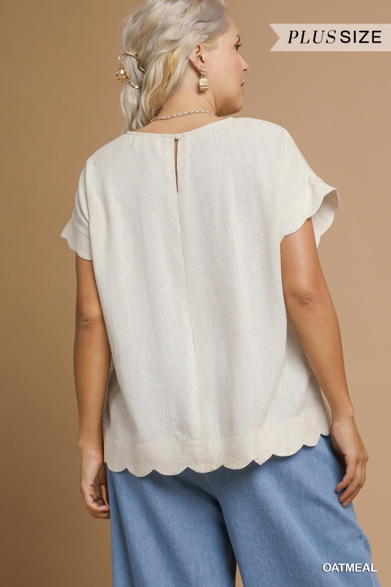 PLUS Umgee Scallop Hem Linen Blend Top