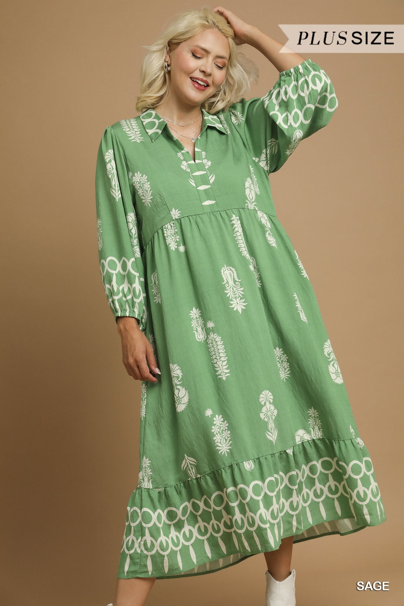 Plus Umgee Sage Boho Print Puff Sleeve Midi Dress