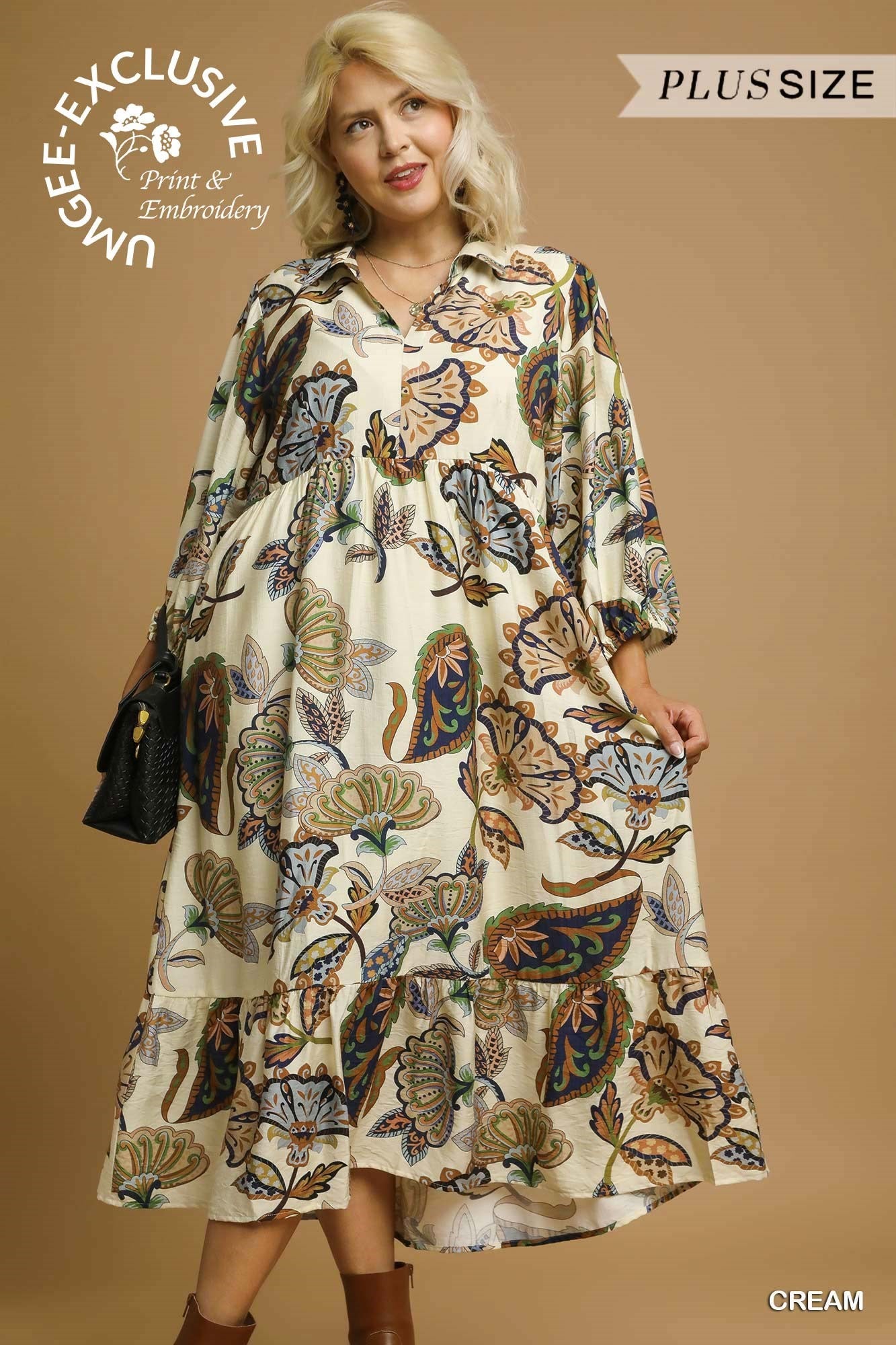 PLUS Umgee Boho Paisley Tiered Midi Dress – Copyright Print | XL–2XL