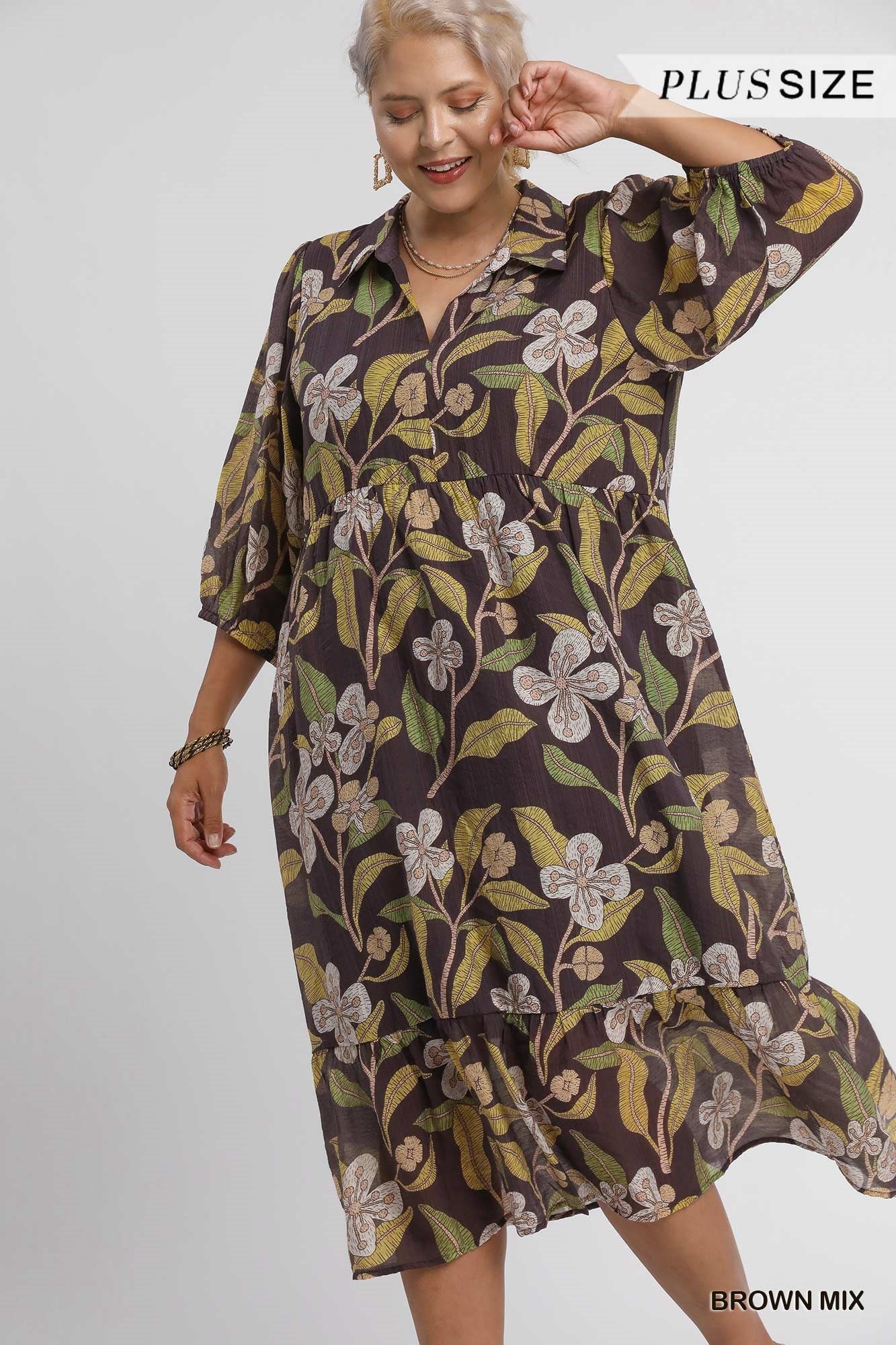 PLUS Umgee Mix Floral Tiered Midi Dress – XL–2XL