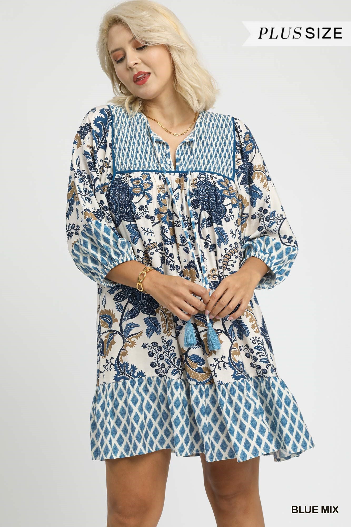 PLUS Umgee Smocked Detail Ruffle Hem Dress with Contrast Piping