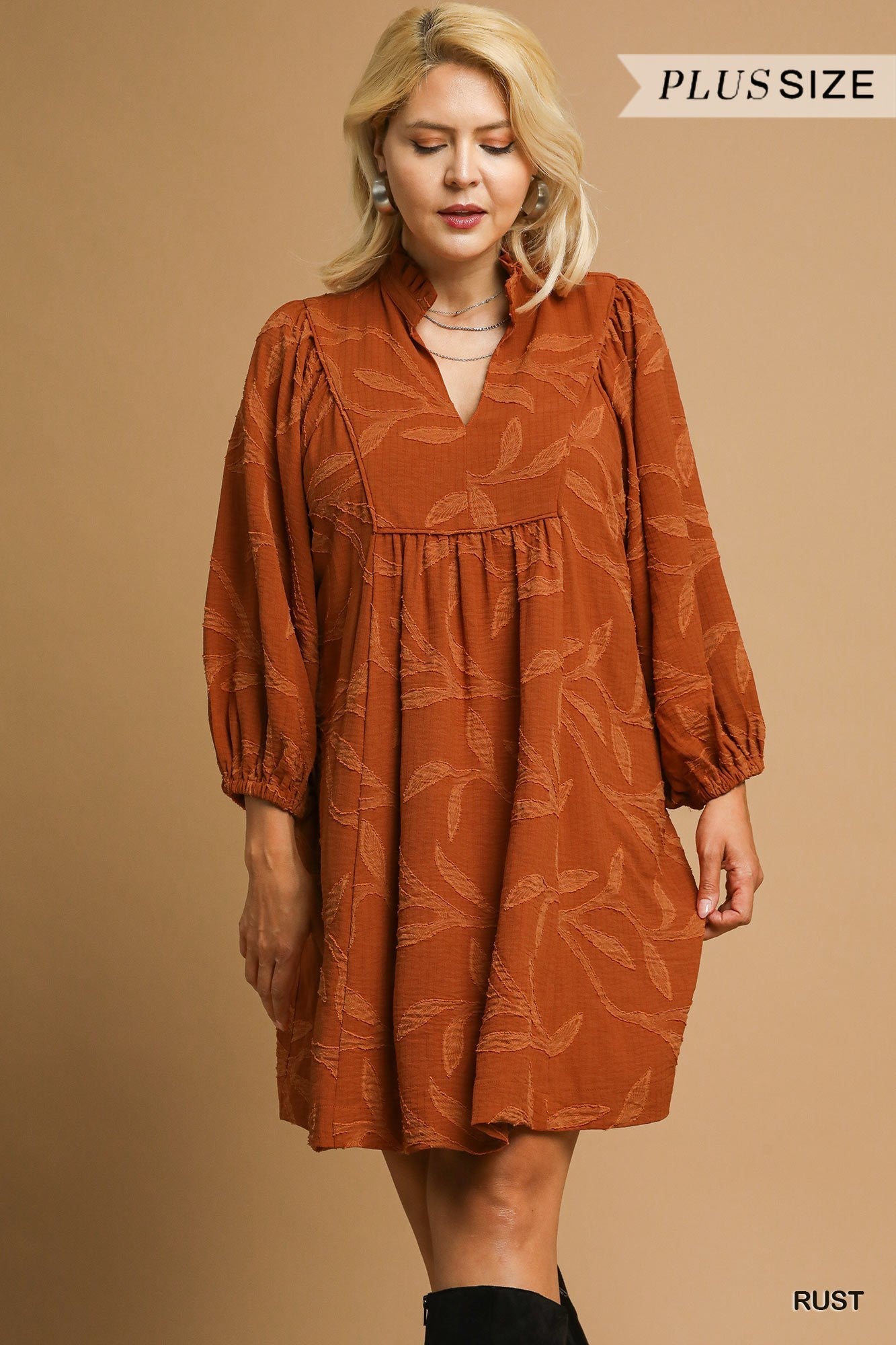 PLUS Umgee Jacquard High Ruffle Neck Dress,
