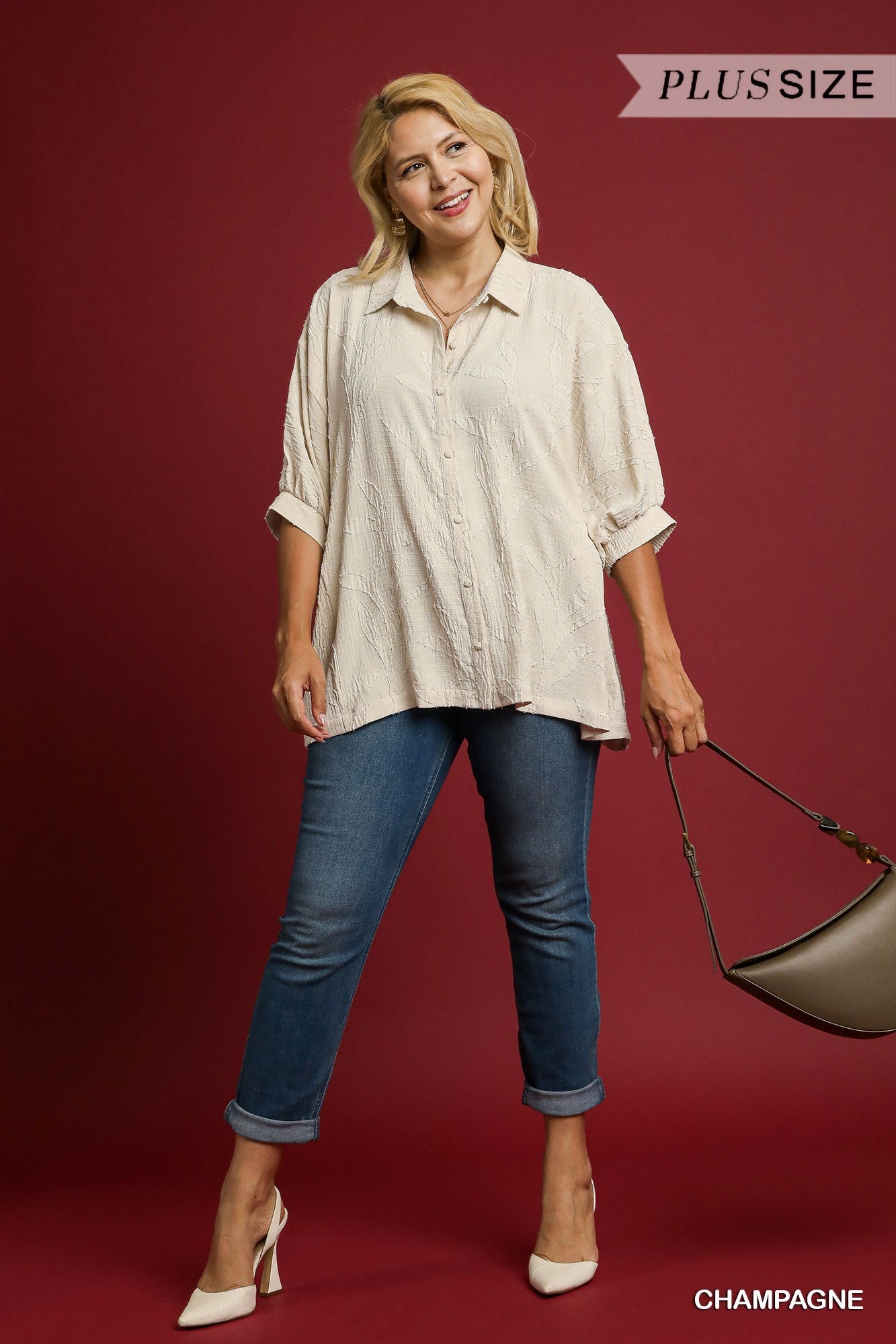 PLUS Umgee Jacquard Textured Leaf Button-Down Blouse