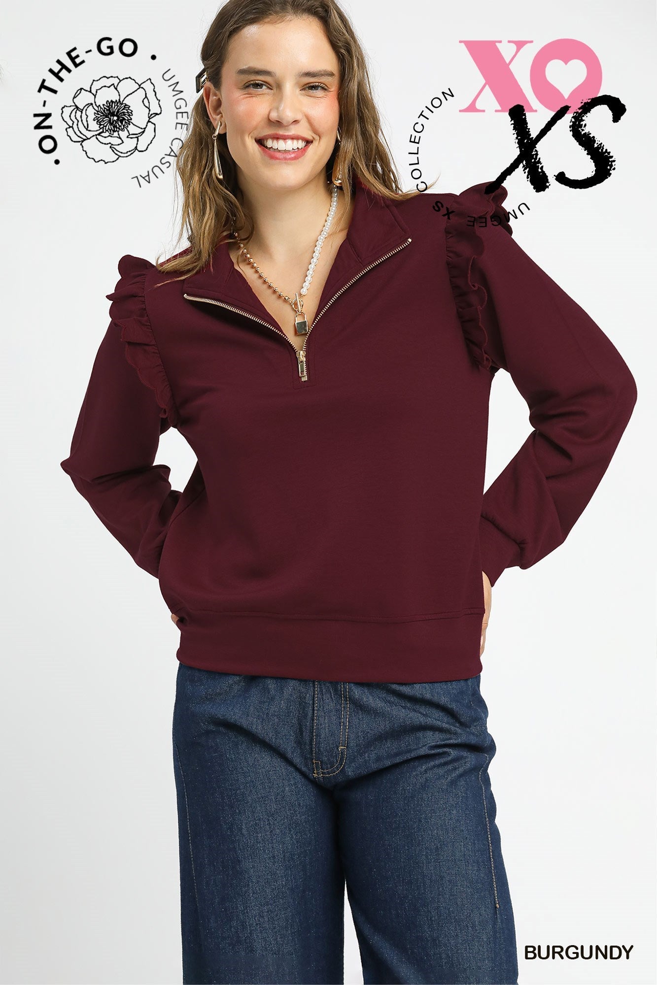 Umgee Luxeknit Ruffle Shoulder Quarter-Zip Pullover