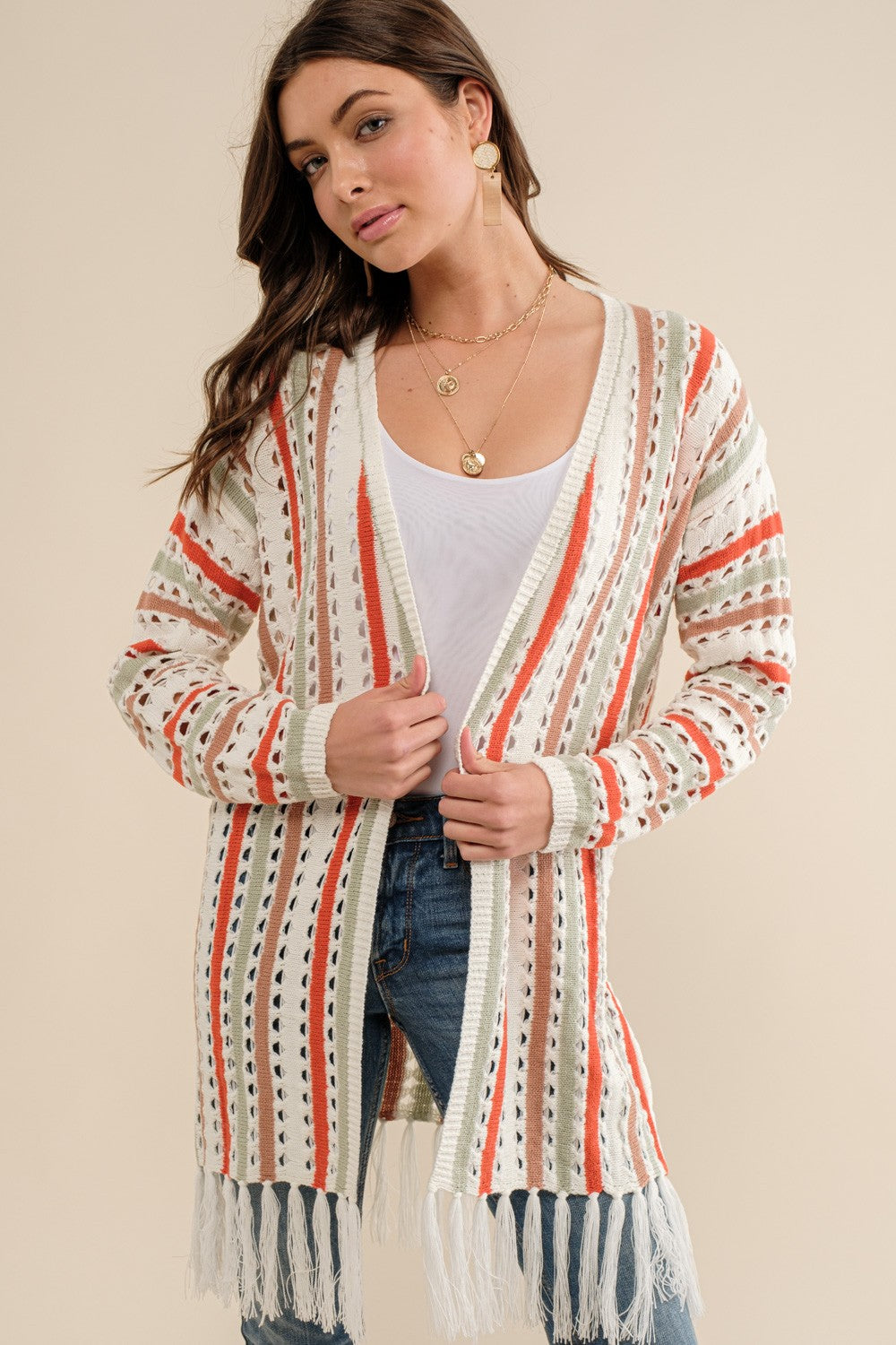 Multi-Color Striped Open Knit Fringe Cardigan
