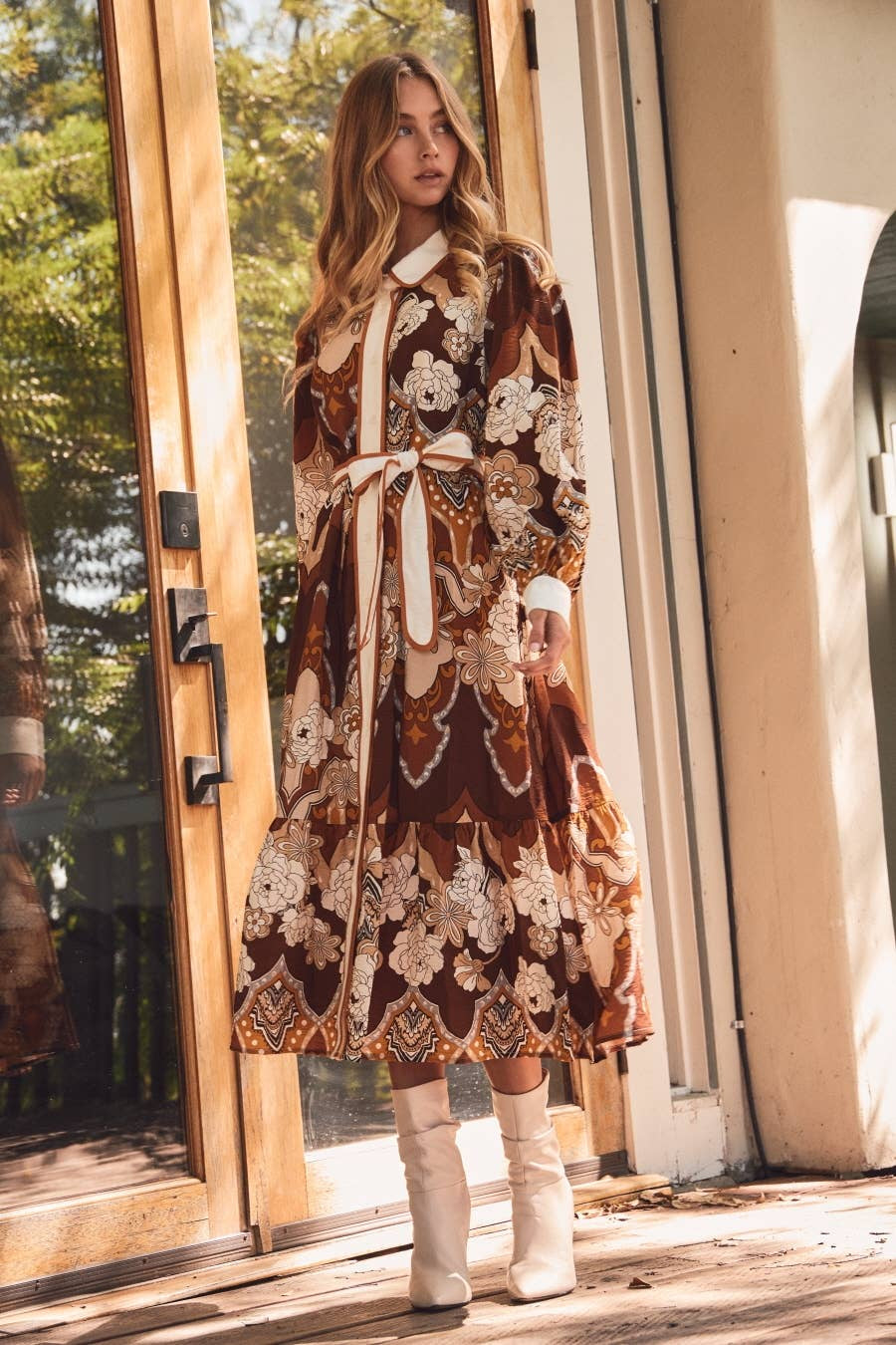 Retro Printed Midi Dress with Tie Waist