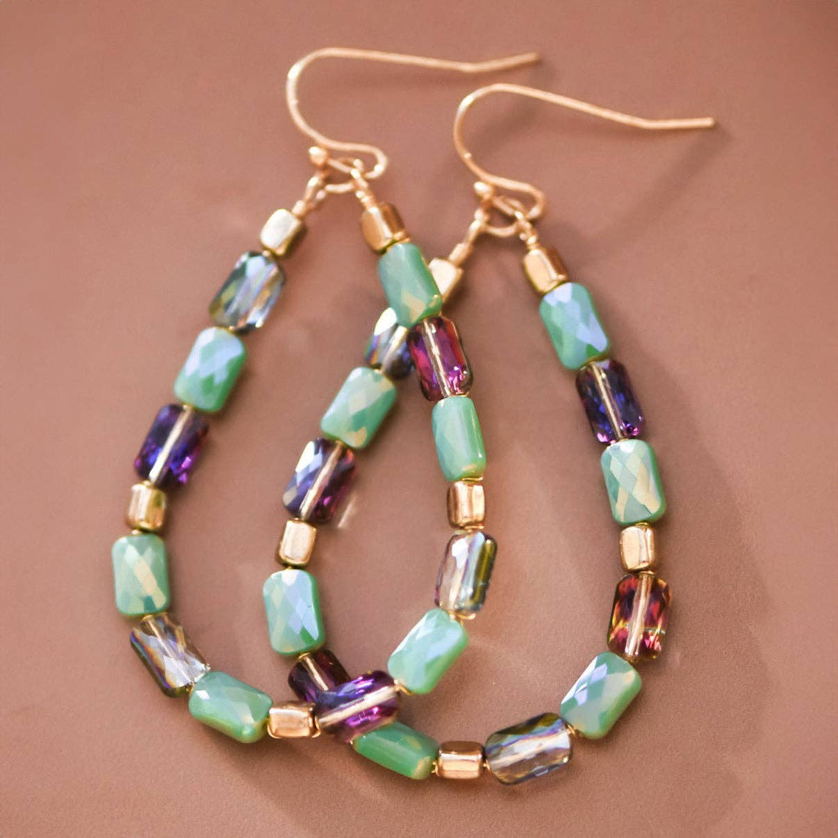 Teardrop Wire Beaded Glass Crystal Earrings - 7278