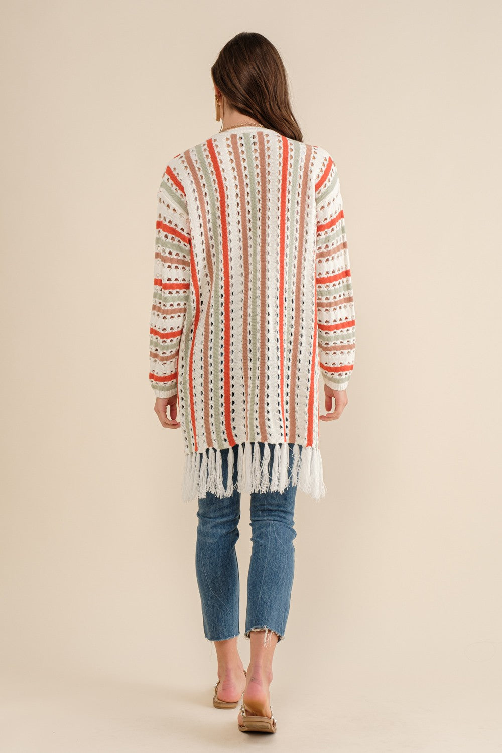 Multi-Color Striped Open Knit Fringe Cardigan