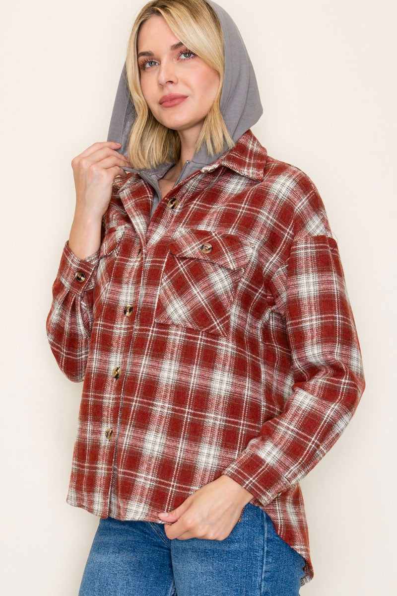Staccato Plaid Hoodie Zip-Up Shacket