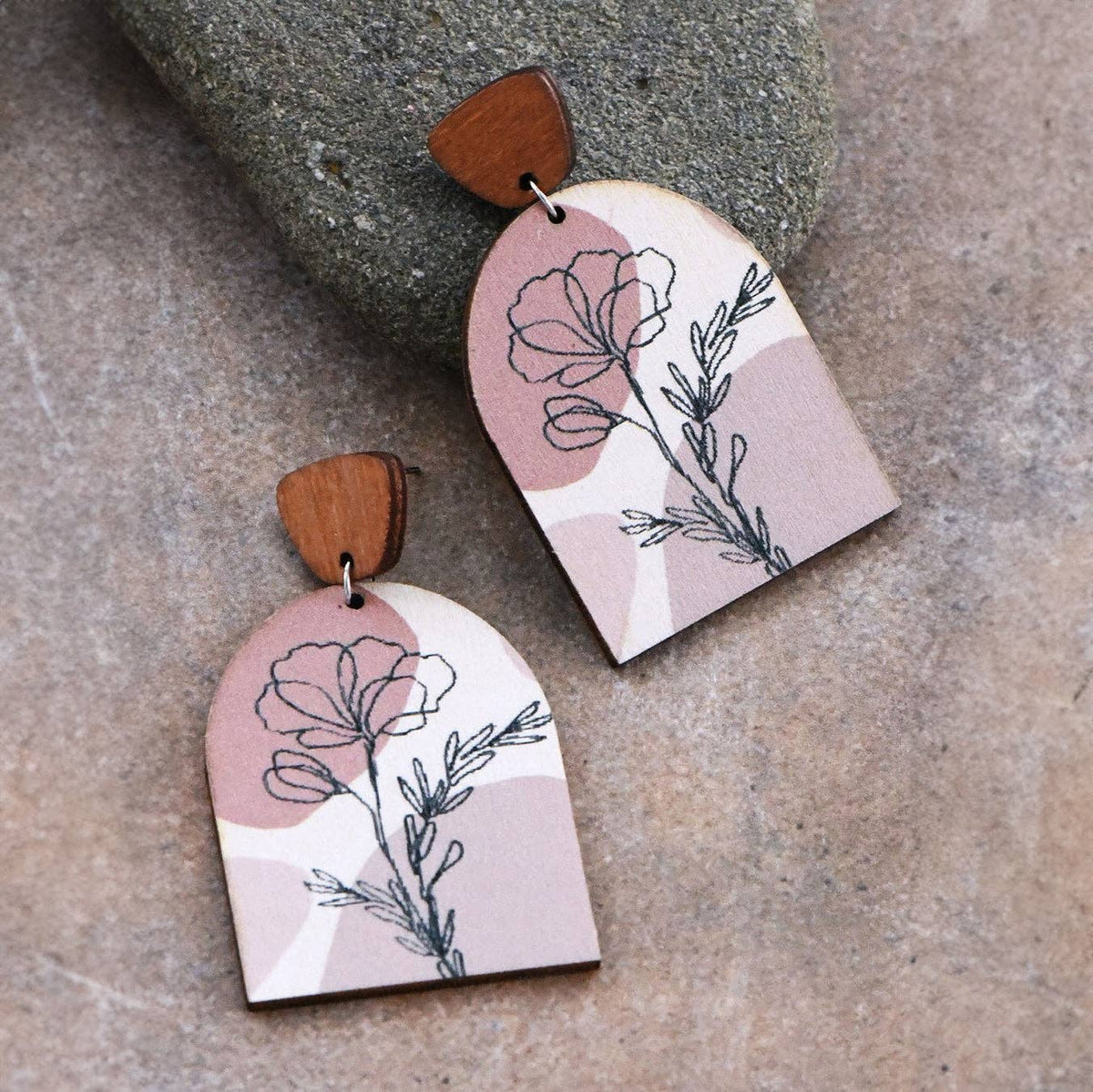 Floral Print Wooden Statement Earrings