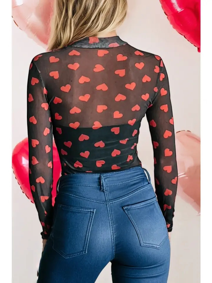 Valentine Hearts Sheer Mesh Mock Neck Top