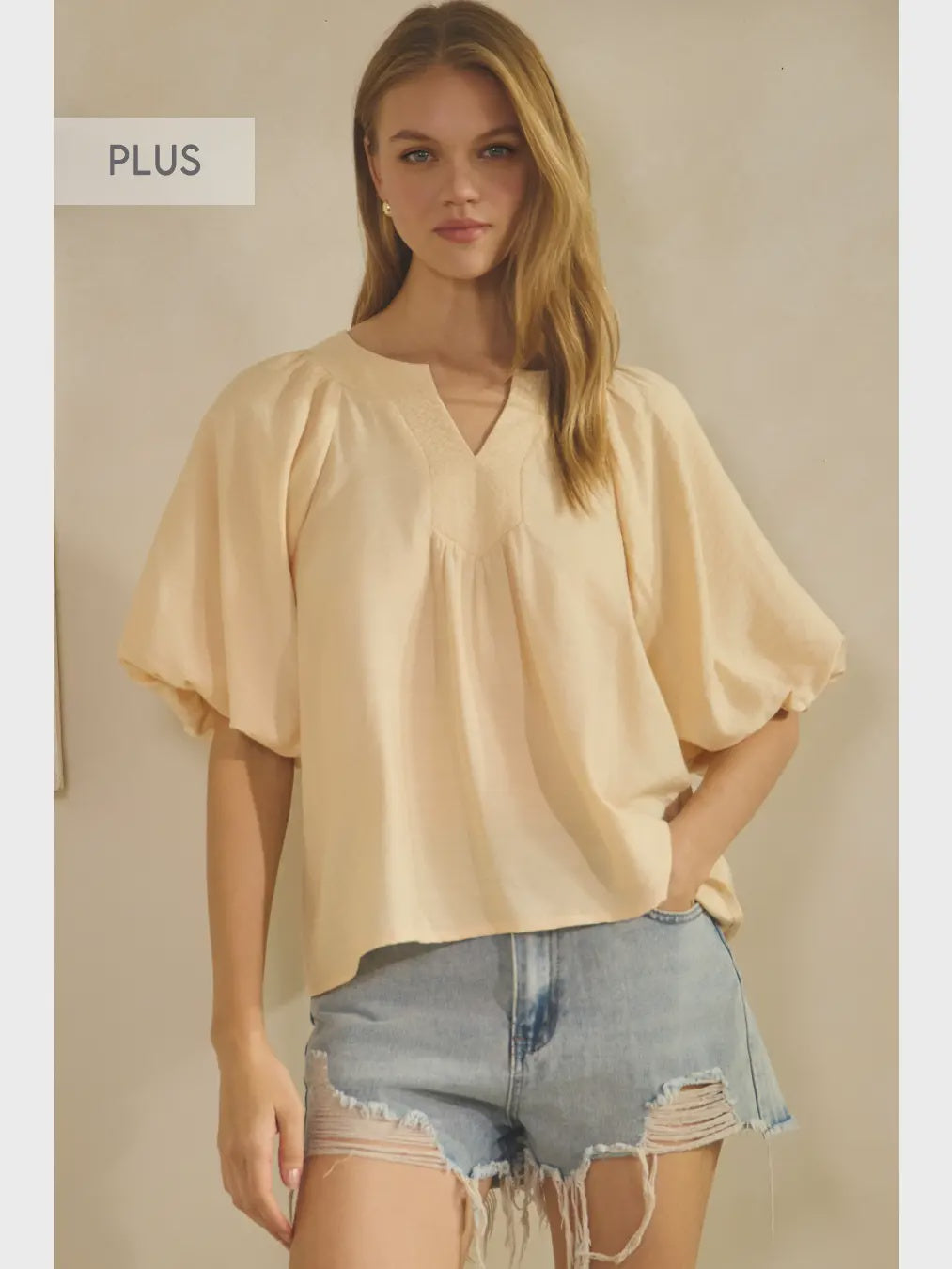 PLUS Oddi Butter Yellow Puff Sleeve Blouse – Split Neck